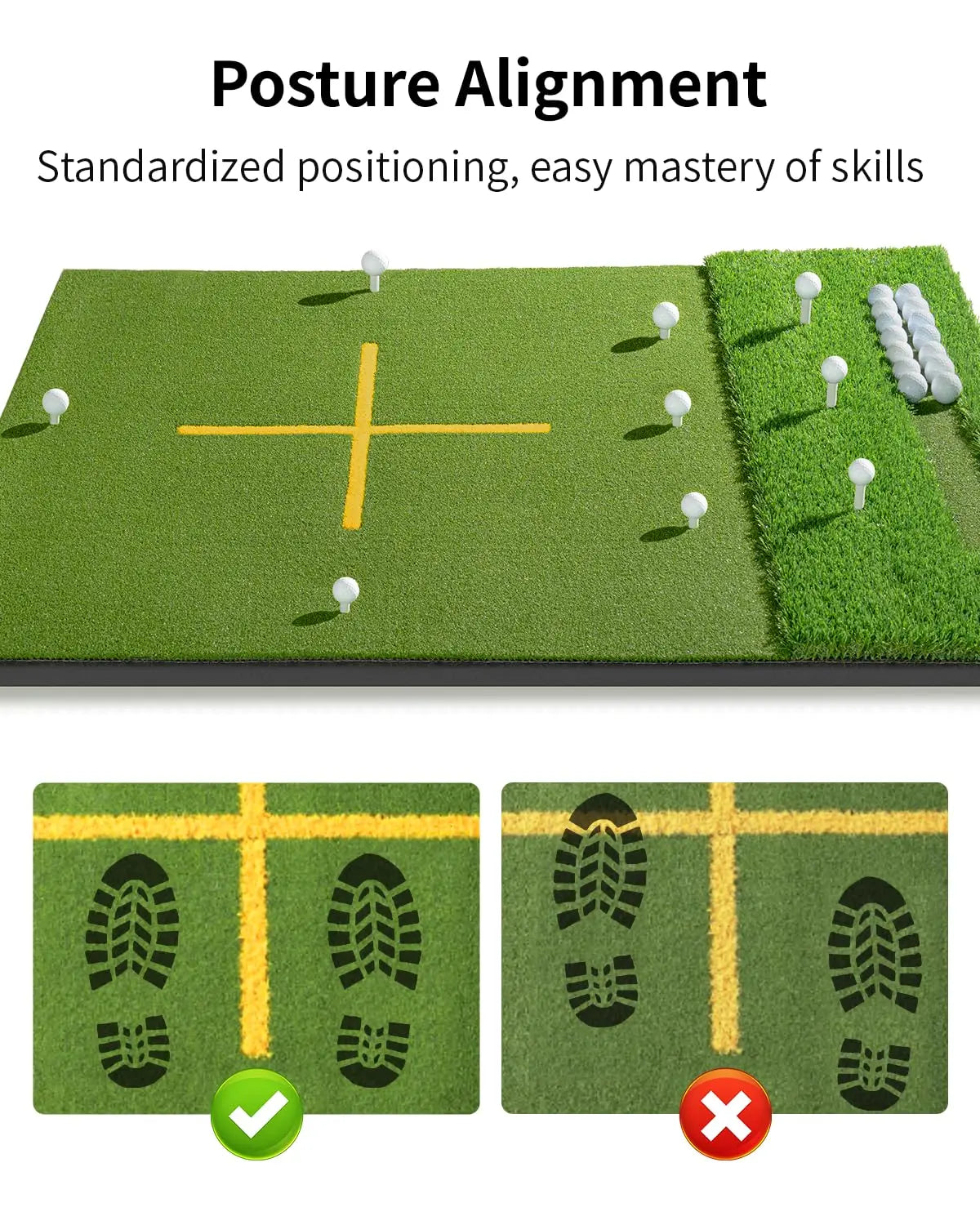 Dual-Turf Golf Mat with Ball Tray, Thickened Golf Hitting Mat with 9 Hitting Holes, Alignment Aid Practice Mat for Hitting, Driv