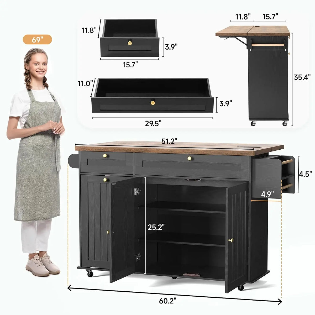 60" Kitchen Island with Trash Can Storage, Black+Rustic Brown | Kitchen Island Cart with Power Outlet & Drop Leaf, Customized