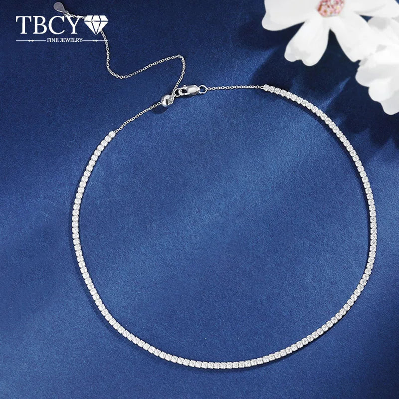 TBCYD 2mm Moissanite Tennis Necklace for Women S925 Silver Diamond Adjustable Choker Chain Wedding Necklaces Gold Jewelry