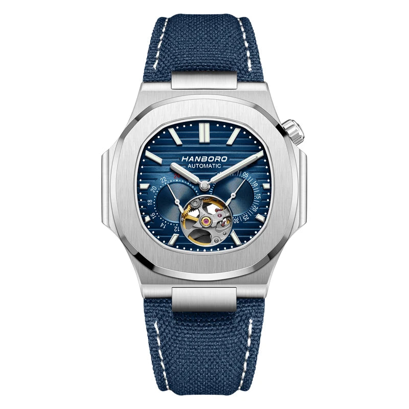 HANBORO Creative Crown Design Rose Gold Square Men's Brown Skull Mechanical Watch Canvas Strap Personalized Japanese Movement