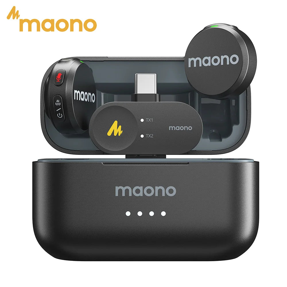 MAONO Wave T5 Wireless Lavalier Lapel Microphone Mini Noise Cancellation Mic for Video Recording Streaming Fit for Phones Camera