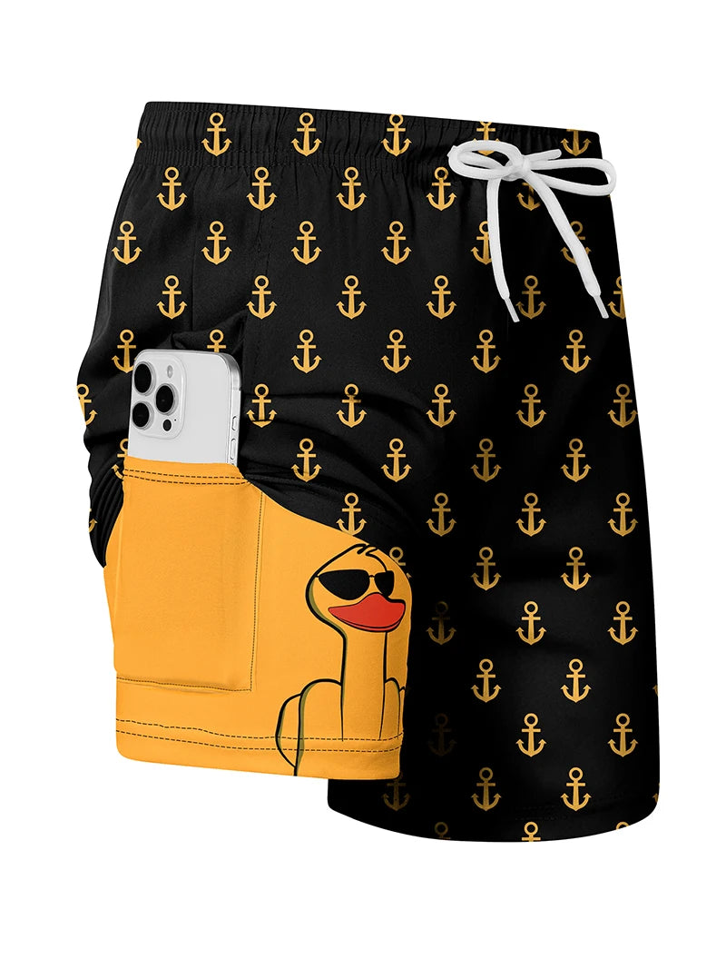 3D Print 2 in 1 Mens Swim Trunks Summer Quick Dry Beach Shorts with Phone Pocket Swimwear Swimsuit Bathing Suit  Board Shorts