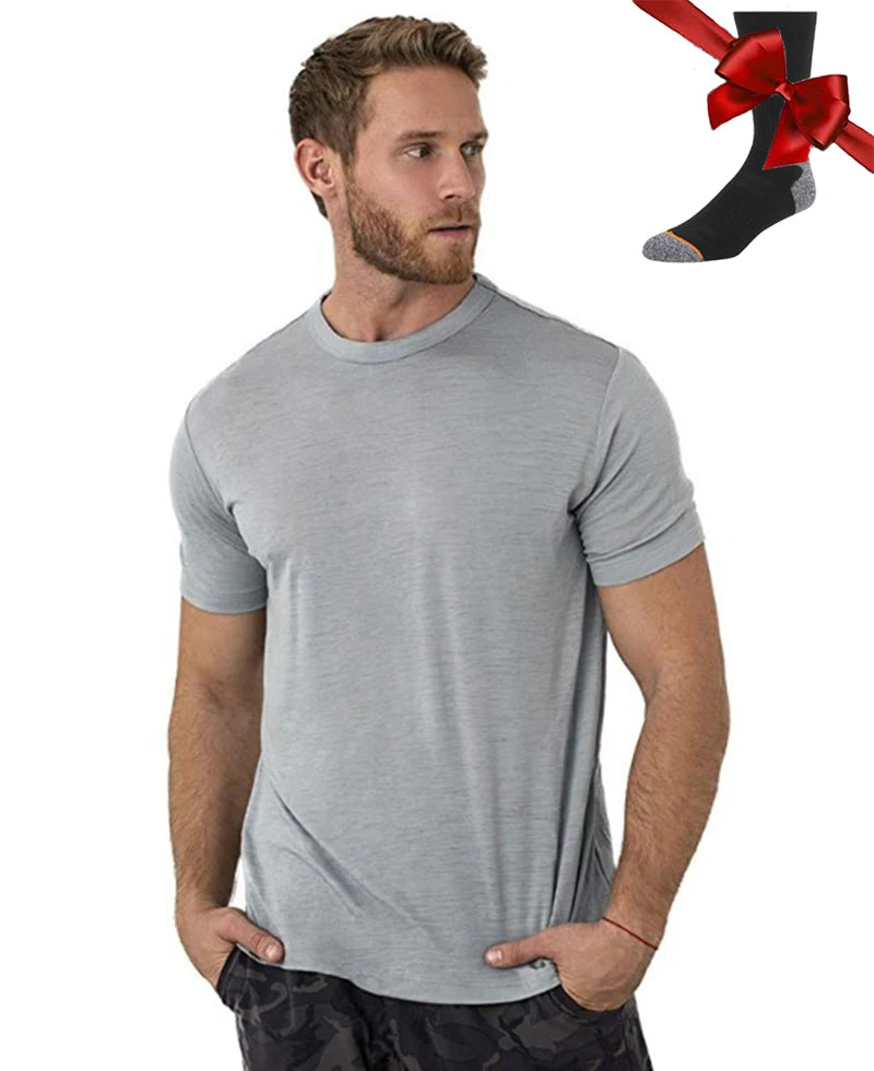 100% Superfine Merino Wool T Shirt Mens Base Layer Shirt Merino Wool Wicking Breathable Quick Dry Anti-Odor +Merino Wool Socks