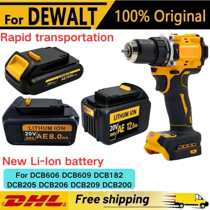 20V For DeWalt 12Ah/9Ah/8Ah/6Ah/3Ah Li-lon Battery Replacement DCB\DCD\DCF\DCG series Power Tools+charger+electric drill