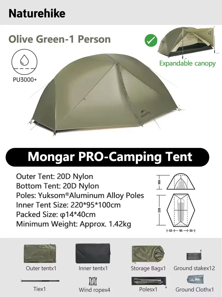 Naturehike Mongar 2 UL/PRO/Base Tent Camping 1-3 Person Tent Outdoor Travel 15D Waterproof Ultralight Backpacking Shelter Tent