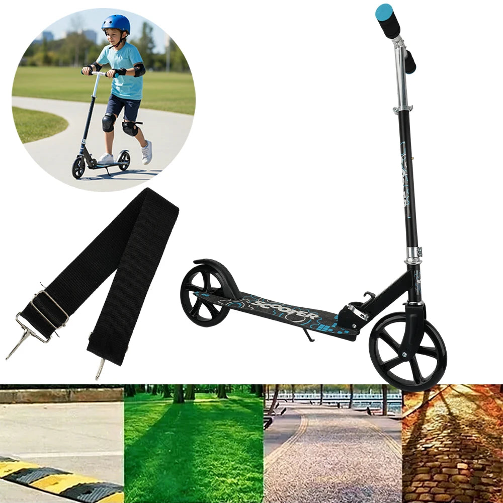 The scooter is height-adjustable and features ergonomic handlebars and a rear wheel friction brake.