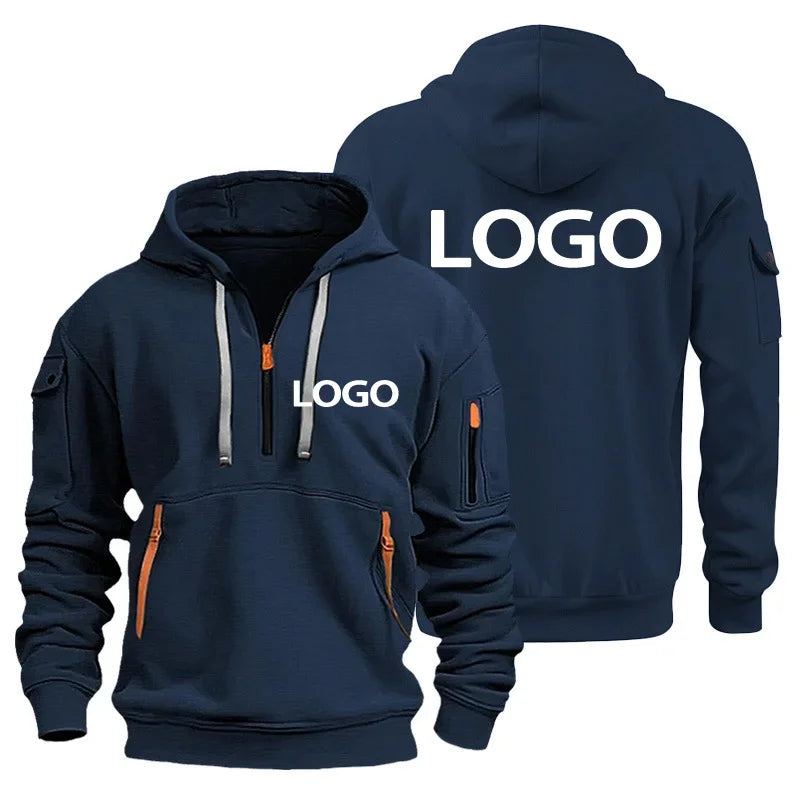 New European Men's Sports Sweater with Zipper and Arm Pockets, Customize Your Logo, Hooded Sweater Cover And