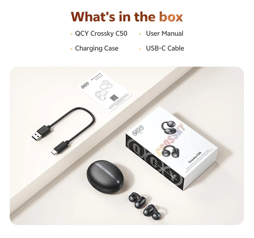 QCY Crossky C50 Open Ear Wireless Earbuds Bluetooth 6.0 Comfort Clip On Sports Earphone 4 Mic AI Clear Call Bass Boost Headphone