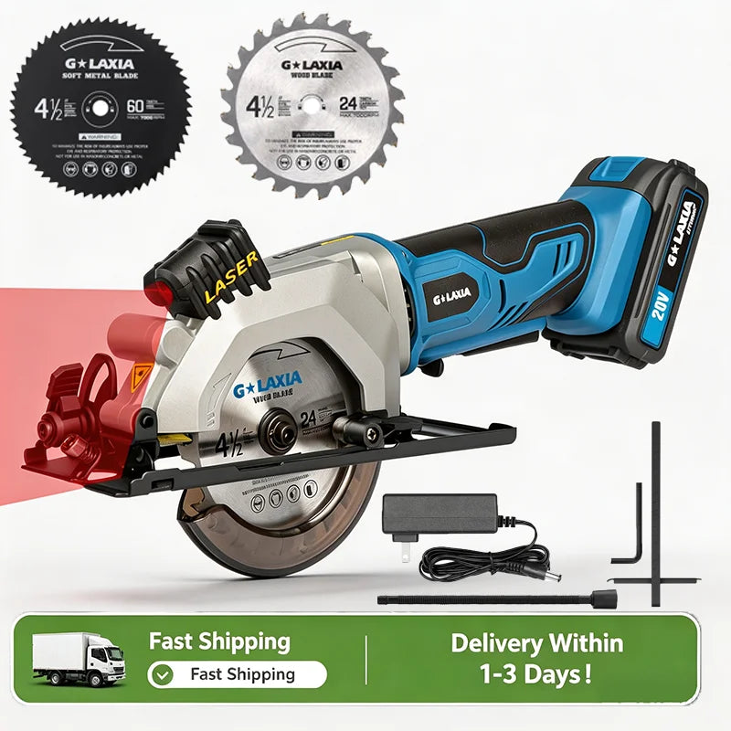 Galax Pro 20V Cordless Mini Circular Saw 2.0Ah Compact Saw with Laser Guide 3400RPM, 2x 4-1/2" Blade for Wood, Plastic, Soft Metal Cutting, Rip Guide, Rubber Handle, Vacuum Adaptor, Bevel Cut 0-45°