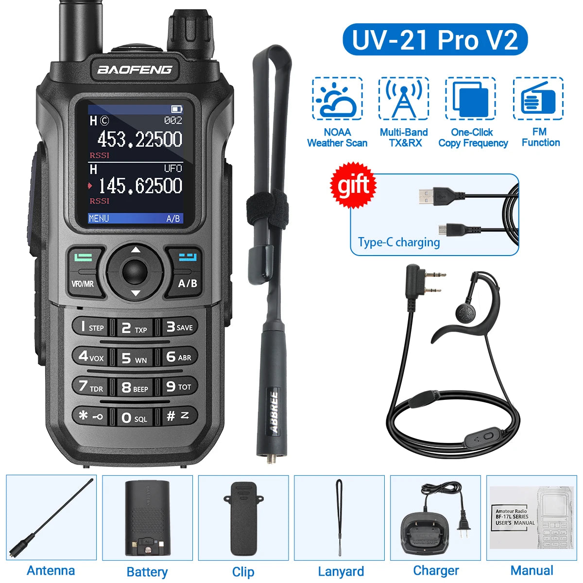 Baofeng UV-21 Pro Wireless Copy Frequency VHF UHF Powerful Waterproof V2 Long Range UV-32 Long Range Type-C Two Way Ham Radio