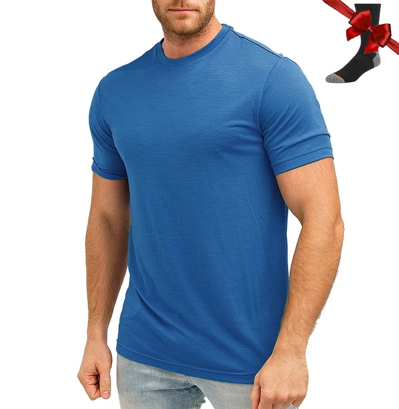 100% Superfine Merino Wool T Shirt Mens Base Layer Shirt Merino Wool Wicking Breathable Quick Dry Anti-Odor +Merino Wool Socks