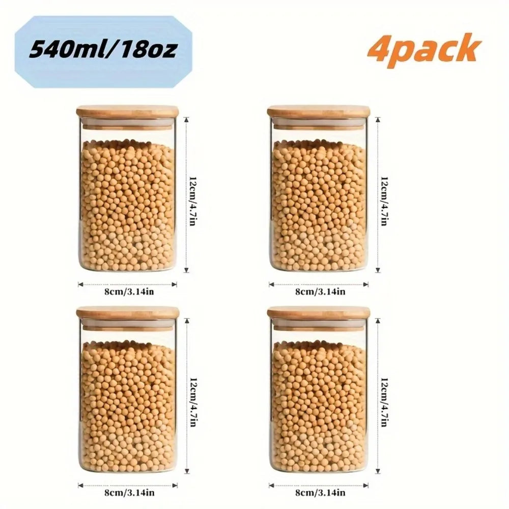 2/4 Pieces, 540Ml/1000Ml Glass Food Storage Jars with Bamboo Lids, Transparent Square Sealed Kitchen Storage Container Set, Stackable Glass Food Storage Jars, Suitable for Kitchen Countertops, Candy, Cookies, Rice, Grains
