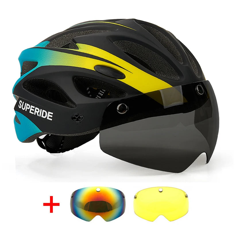 SUPERIDE Rechargeable Road Bike Helmet Men Women Cycling Helmet with Visor & Rearlight Sports MTB Bicycle Helmet with Goggles