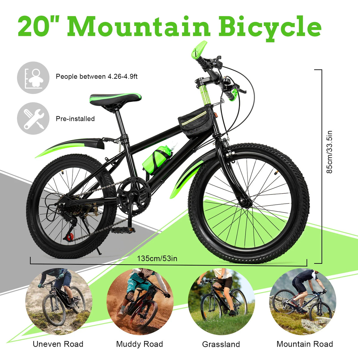 20" Mountain Bike 7 Speeds Kids Bicycle Dual-Disc Brakes Unisex Children's Bicycle Height Adjustable MTB Boys Girls Riding Bike