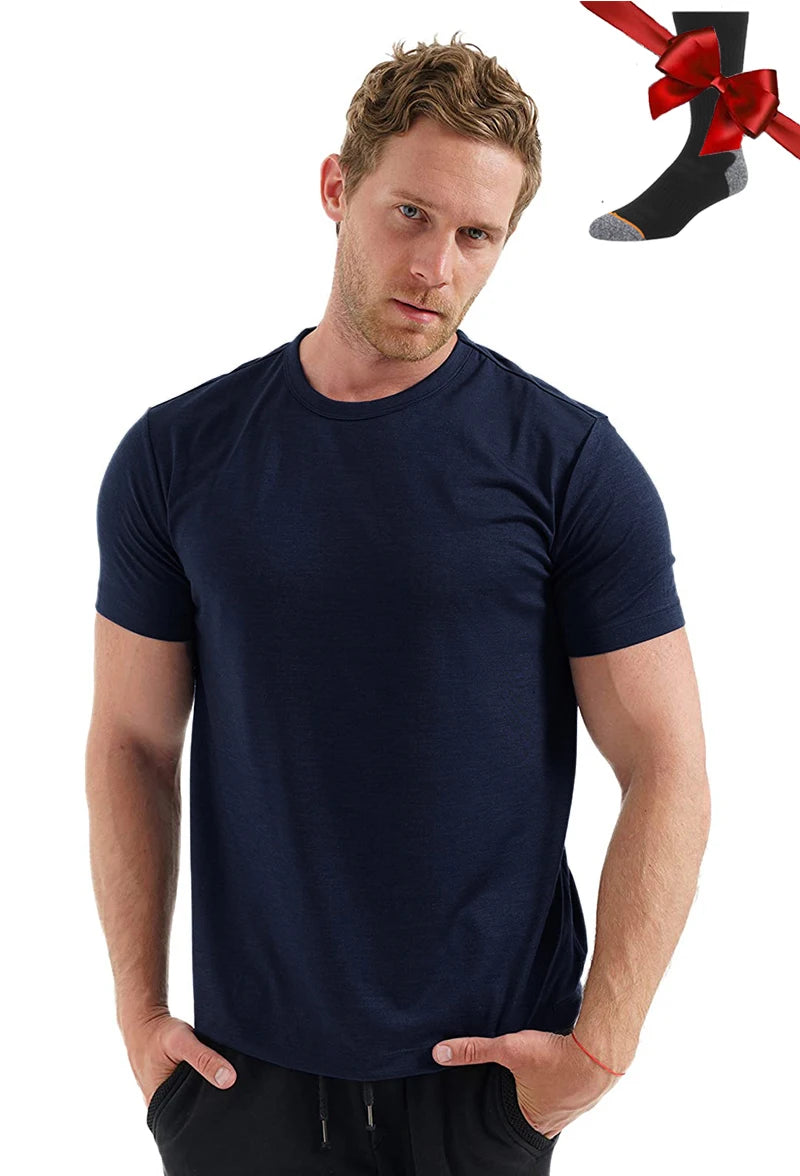 100% Superfine Merino Wool T Shirt Mens Base Layer Shirt Merino Wool Wicking Breathable Quick Dry Anti-Odor +Merino Wool Socks