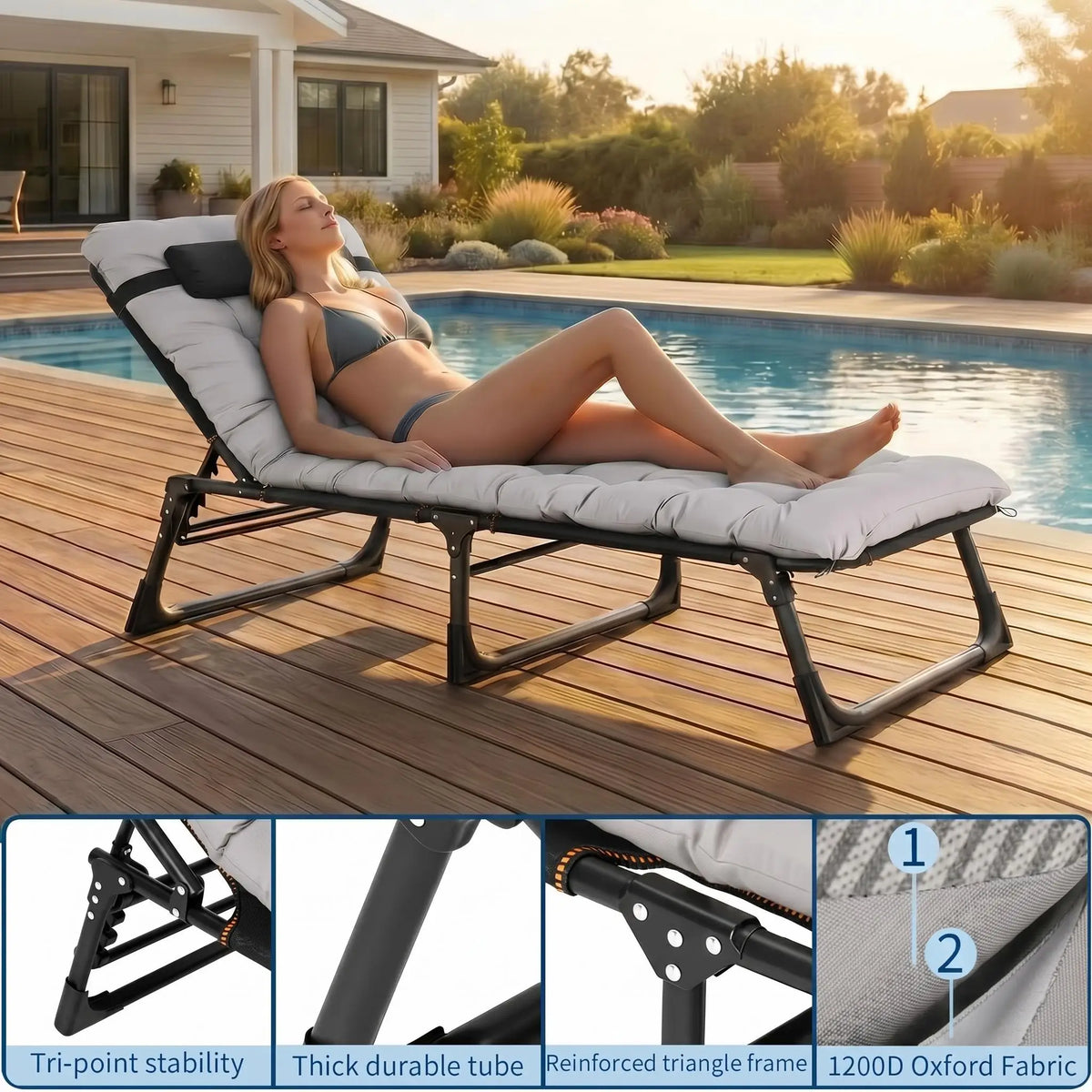 170-200CM Outdoor Lounge Chair Heavy-Duty Tri-Fold Camping Cot for Adults Wide Folding Camp Bed with Removable Mattress Pad Pillow & Carry Bag Double-Layer Oxford Fabric Gray 8-Leg Heavy Duty Furniture
