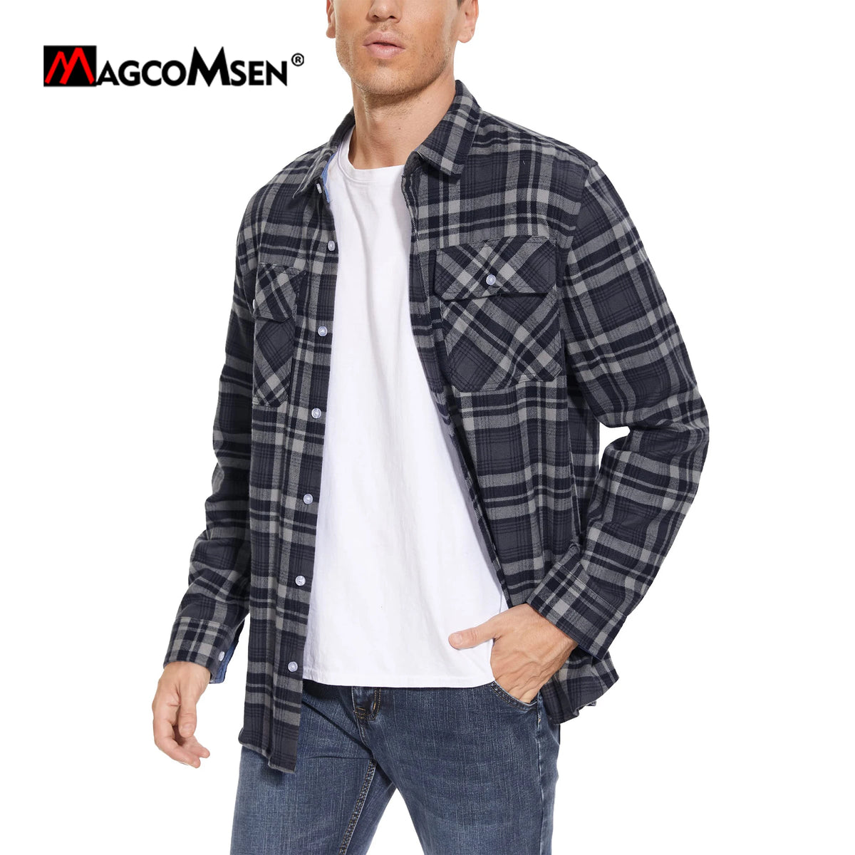 MAGCOMSEN Autumn Windproof Men's Flannel Shirt Warm Long Sleeve Casual Plaid Shirts with Two Chest Pockets