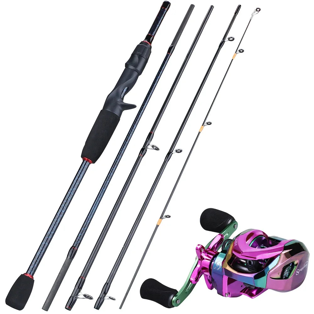 Sougayilang Fishing Rods and Reels 5 Section Carbon Rod Baitcasting Reel Travel Fishing Rod Set with Full Kits Carrier Bag