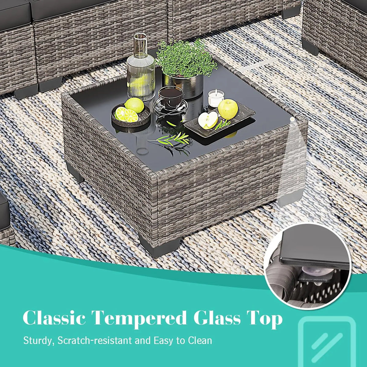 7 Pieces Outdoor Patio Furniture Set, All-Weather Sectional Sofa | Dark Grey Wicker Conversation Set with Glass, Customized