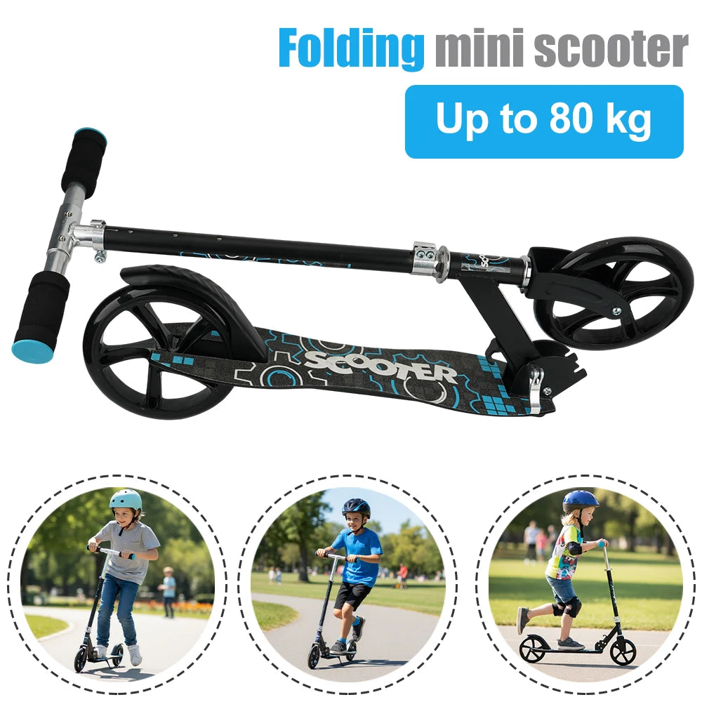 The scooter is height-adjustable and features ergonomic handlebars and a rear wheel friction brake.