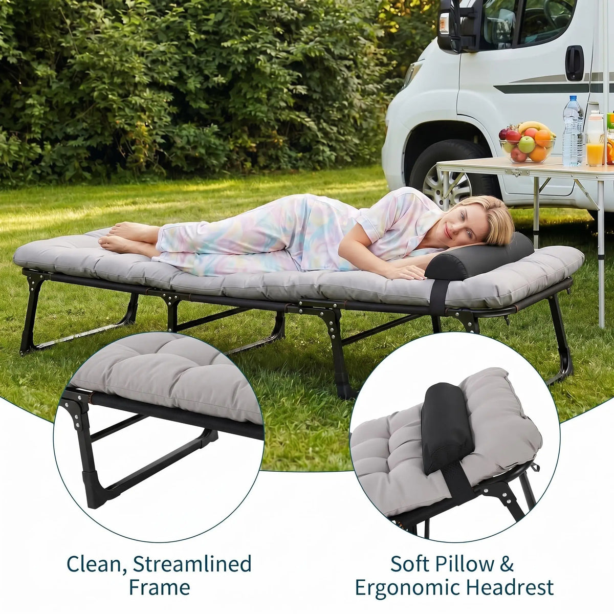 170-200CM Outdoor Lounge Chair Heavy-Duty Tri-Fold Camping Cot for Adults Wide Folding Camp Bed with Removable Mattress Pad Pillow & Carry Bag Double-Layer Oxford Fabric Gray 8-Leg Heavy Duty Furniture