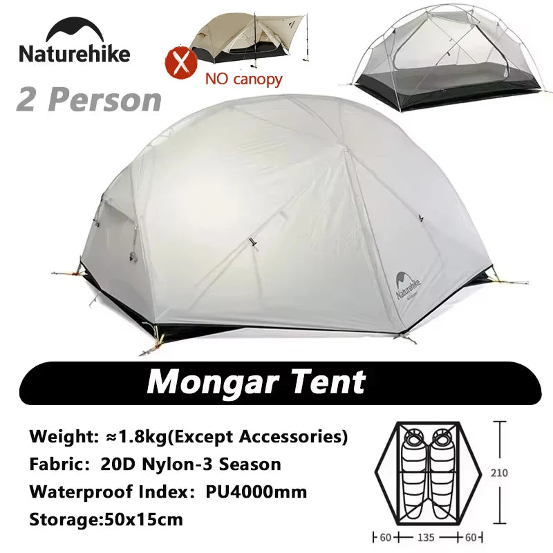 Naturehike Mongar 2 UL/PRO/Base Tent Camping 1-3 Person Tent Outdoor Travel 15D Waterproof Ultralight Backpacking Shelter Tent