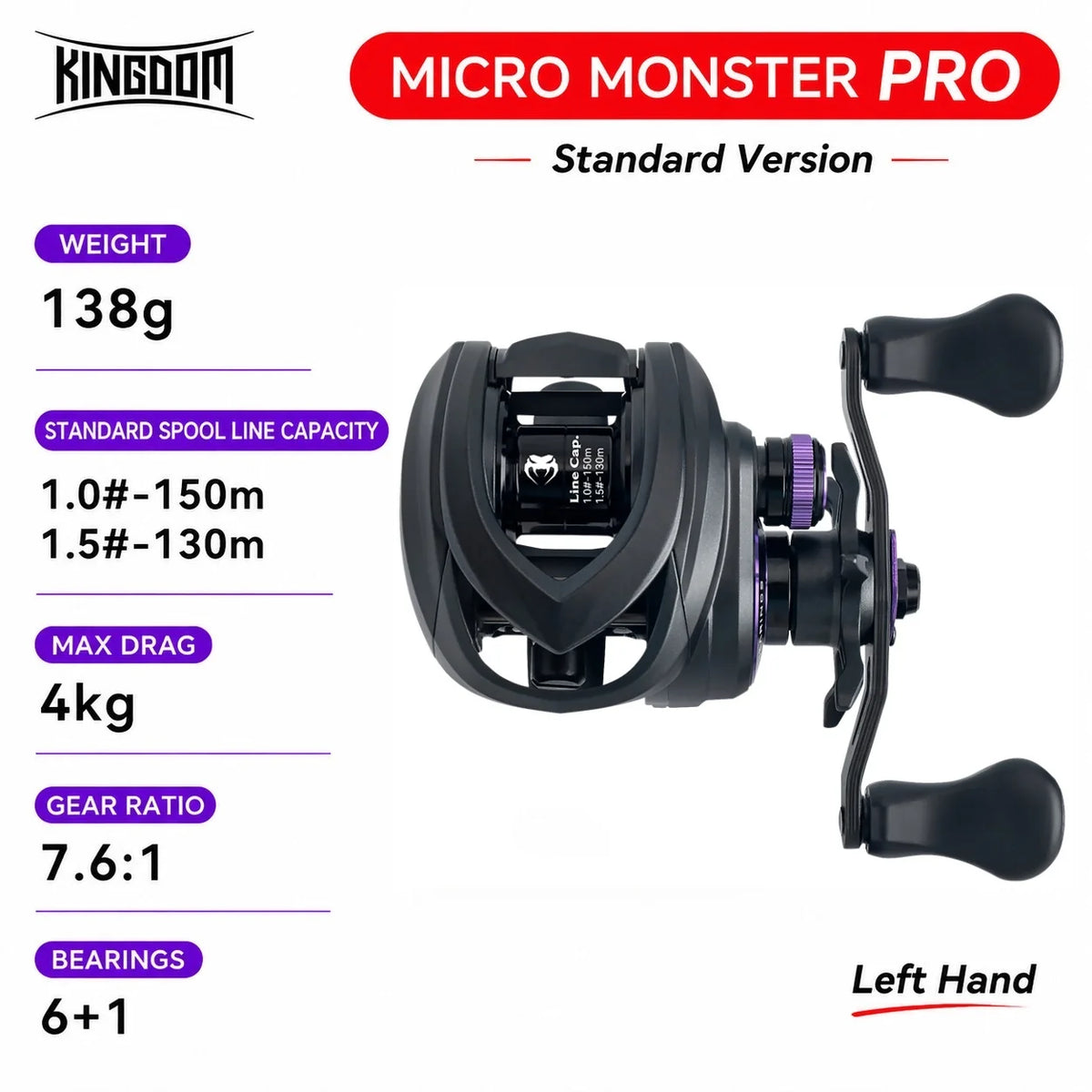 Kingdom Micro Monster Pro PRO+  Baitcasting Fishing Reel 4K/6kg Max Drag 7.6:1 Gear Ratio 138g Ultra-light Carbon Fishing Reel