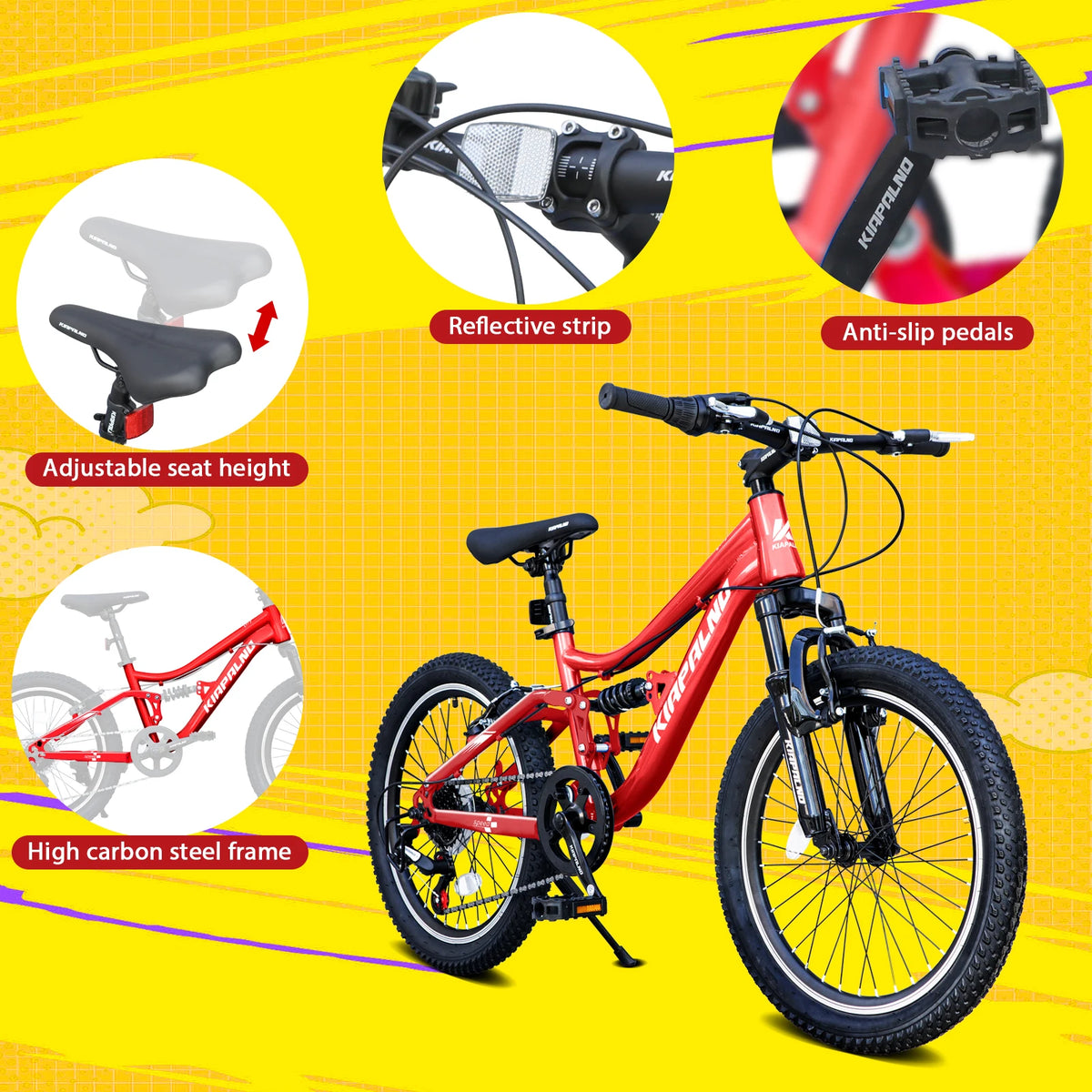 20 Inch Kids Mountain Bike Full Suspension, 7-Speed Mountain Bicycle with Dual V-Brakes and Carbon Steel Frame, MTB Bike for Boys Girls 7-15 Years Old