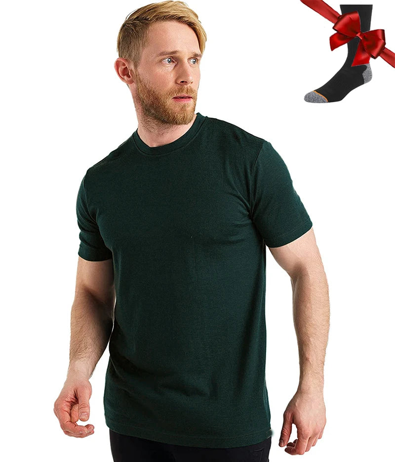 100% Superfine Merino Wool T Shirt Mens Base Layer Shirt Merino Wool Wicking Breathable Quick Dry Anti-Odor +Merino Wool Socks