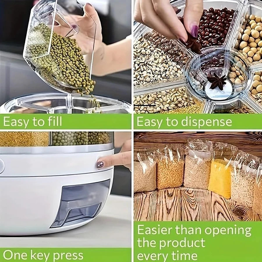 360° Rotating 6-Grid Food Dispenser - Airtight Kitchen Storage Container for Grains, Cereal & Dry Goods