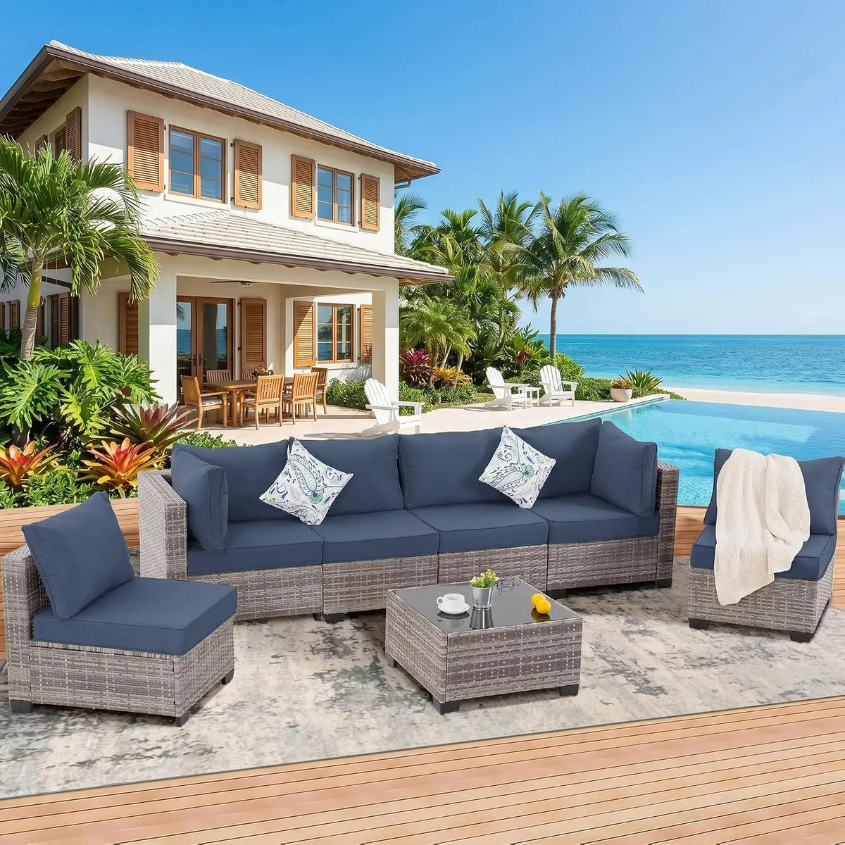 7 Pieces Outdoor Patio Furniture Set, All-Weather Sectional Sofa | Dark Grey Wicker Conversation Set with Glass, Customized