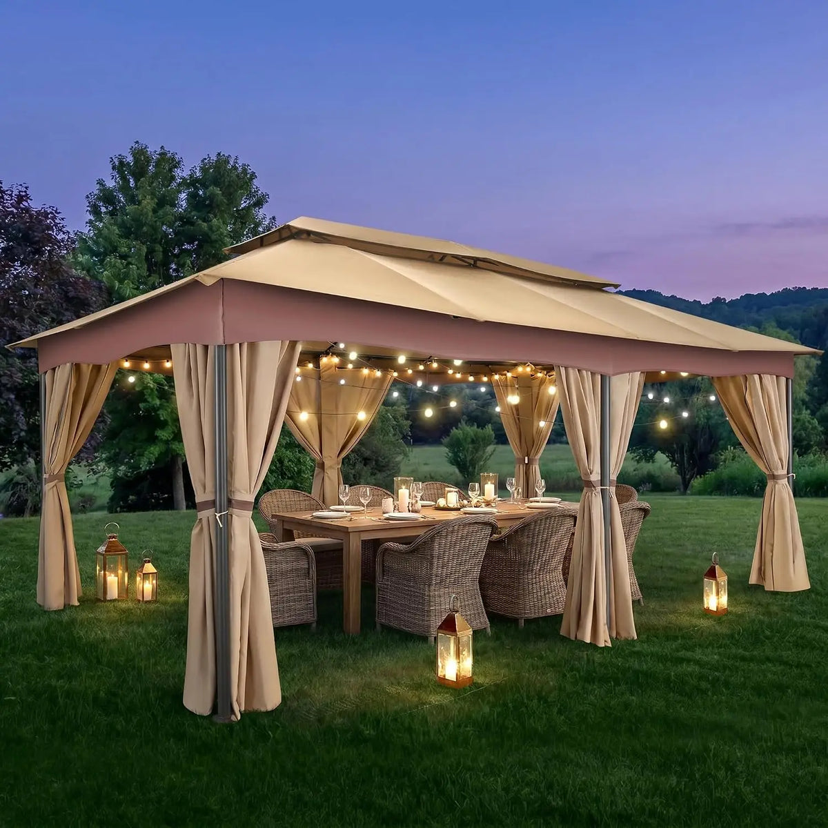 12x20 FT Outdoor Gazebo with Curtains, Heavy Duty Soft Top Canopy, Vented Double Roof, Powder-Coated Steel Metal Frame, Large Patio Backyard Deck Garden Pavilion Tent Shade, UV-Resistant Weather-Resistant Gazebo