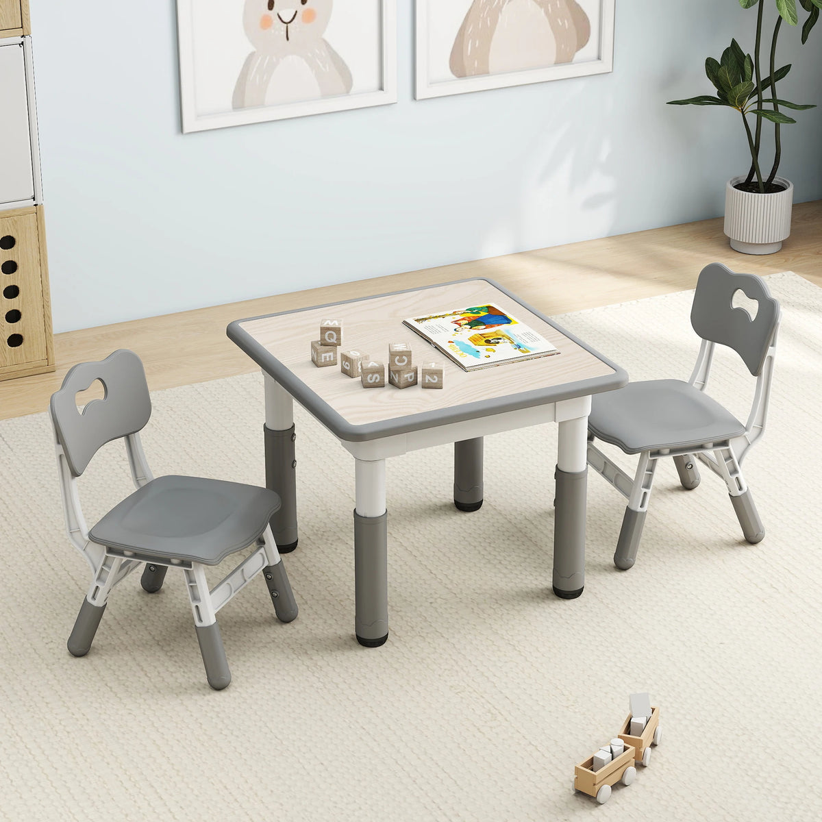 Kids Table and 2 Chairs Set, Height-Adjustable Toddler Table and Chairs Set with Doodle-Friendly Desktop, 23.6''L X 23.6''W Children Activity Table for Daycare, Classroom, Home