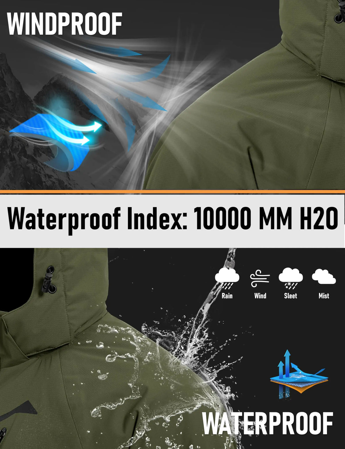 TACVASEN Men's Winter Ski Parka Snow Coat Fleece Lined Waterproof Warm Outdoor Fishing Jacket Windproof Hooded Daily Raincoat