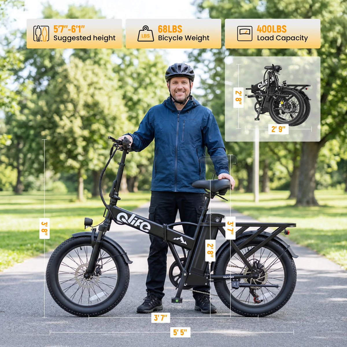 Qlife Hunter Electric Bike for Adults, 1200W Peak Motor 48V 13.5Ah Battery, 20"×3" Fat Tire Foldable Ebike, 28MPH 65Mi Long Range Electric Bicycle