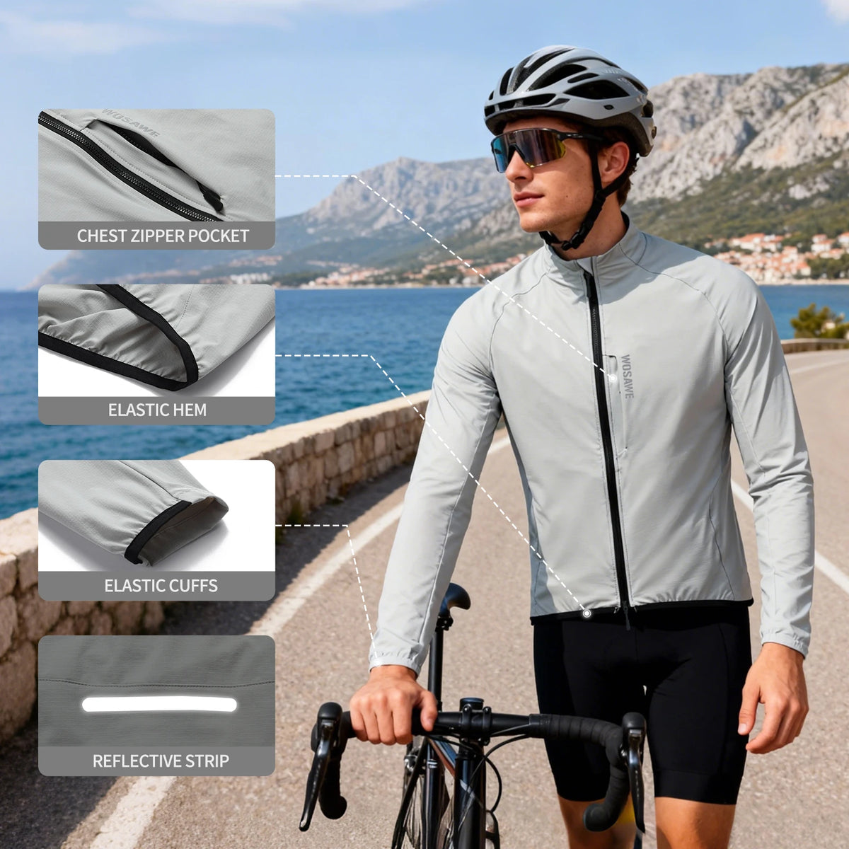 WOSAWE Cycling Jacket Lightweight Windproof Long Sleeved MTB Road Bike Windbreaker Reflective Breathable Jacket Bicycle Clothing