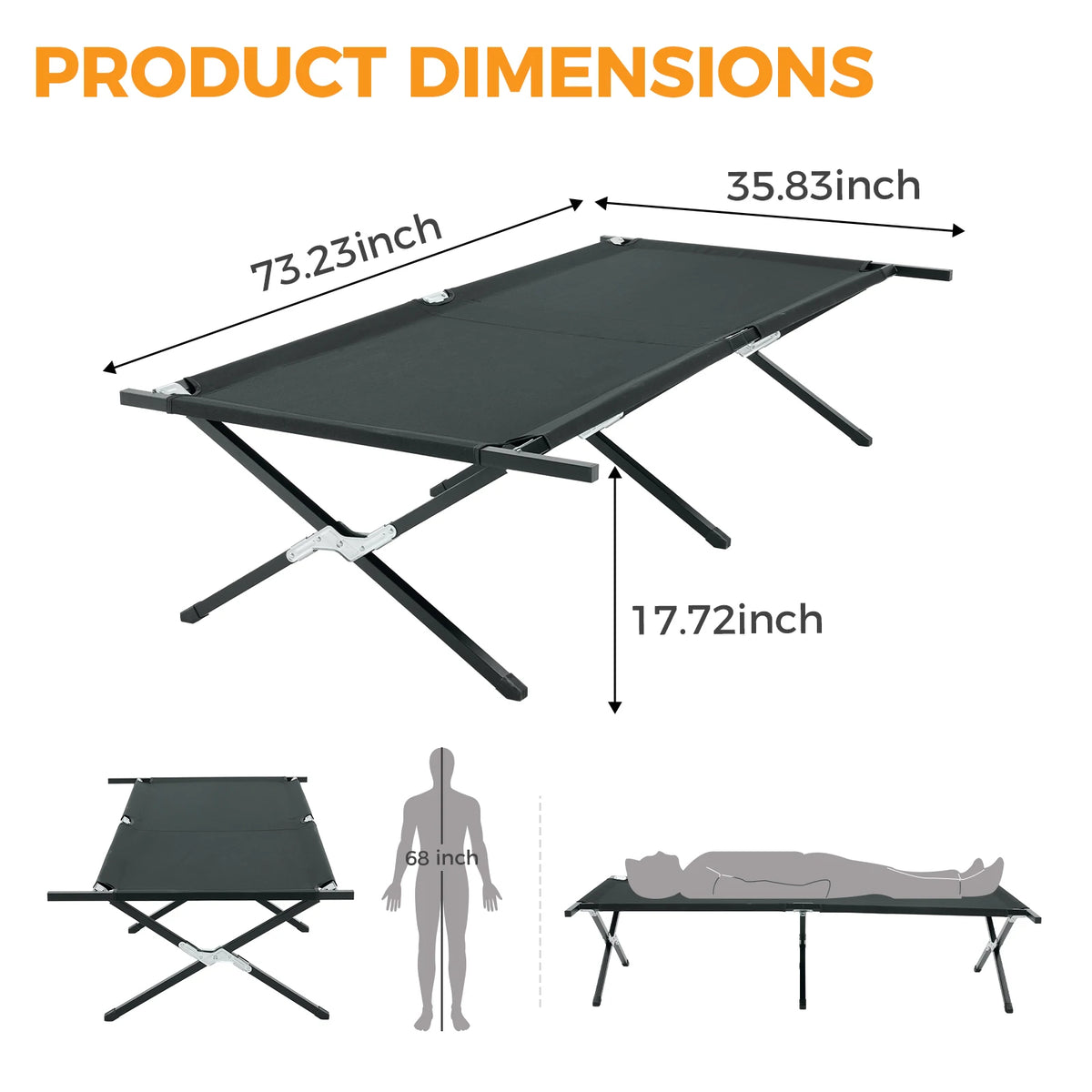 JHK Collapsible Camping Cot Lounge Chair 73' X 36' Portable Folding Sleeping Cot 300 LBS Capacity Sturdy Frame for Outdoor