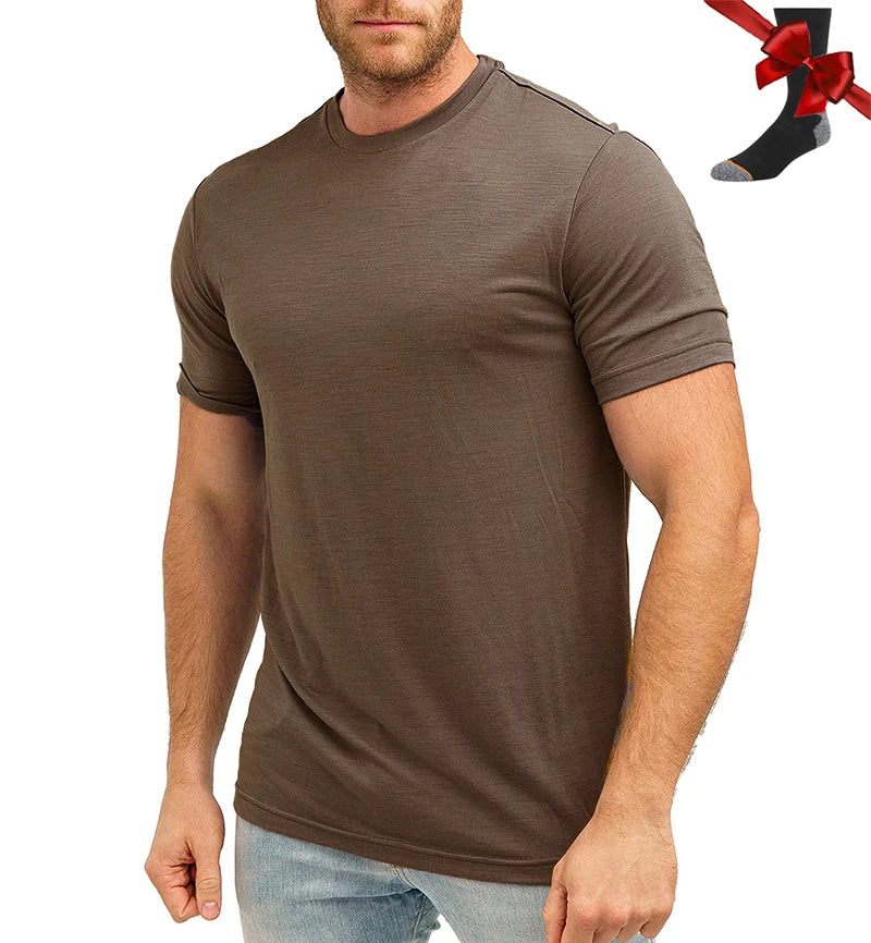 100% Superfine Merino Wool T Shirt Mens Base Layer Shirt Merino Wool Wicking Breathable Quick Dry Anti-Odor +Merino Wool Socks
