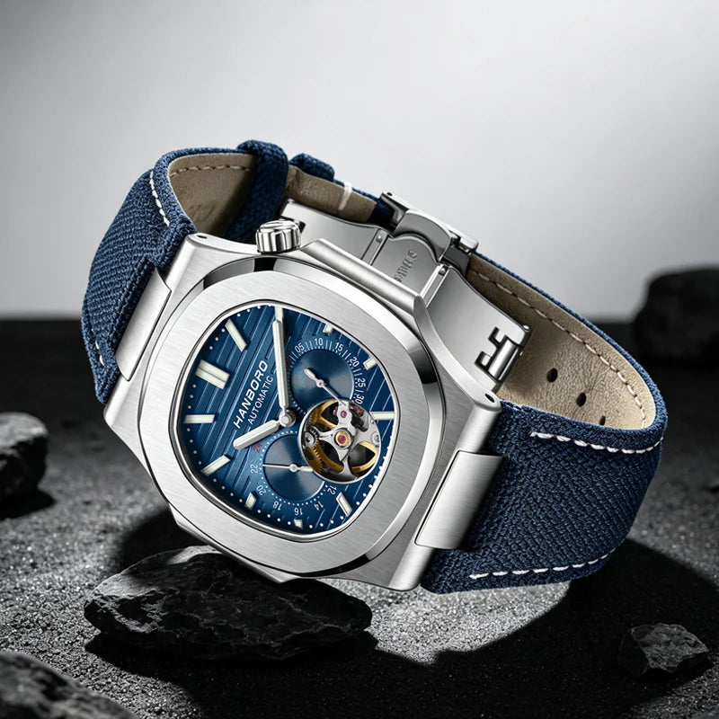 HANBORO Creative Crown Design Rose Gold Square Men's Brown Skull Mechanical Watch Canvas Strap Personalized Japanese Movement