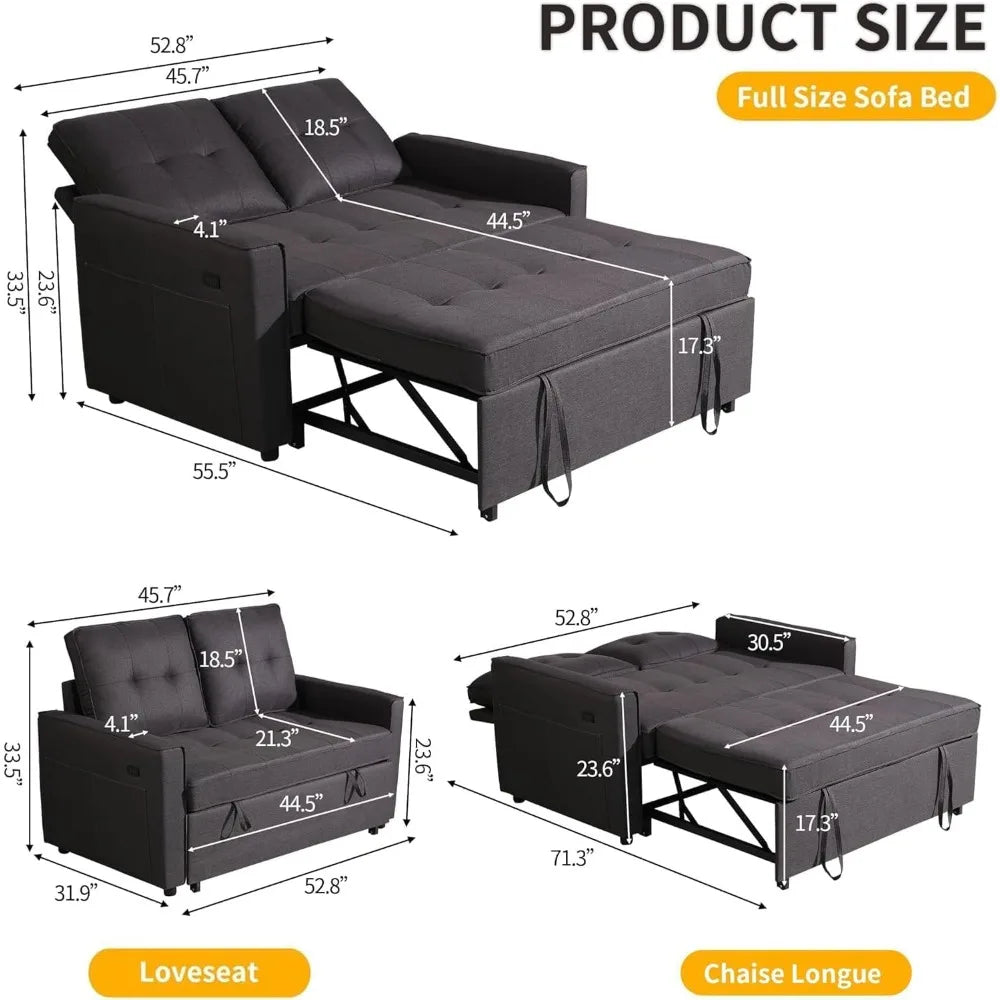 53" Convertible Sofa Bed USB Port & Storage Pockets, Reclining Backrest Small Spaces, Living Room