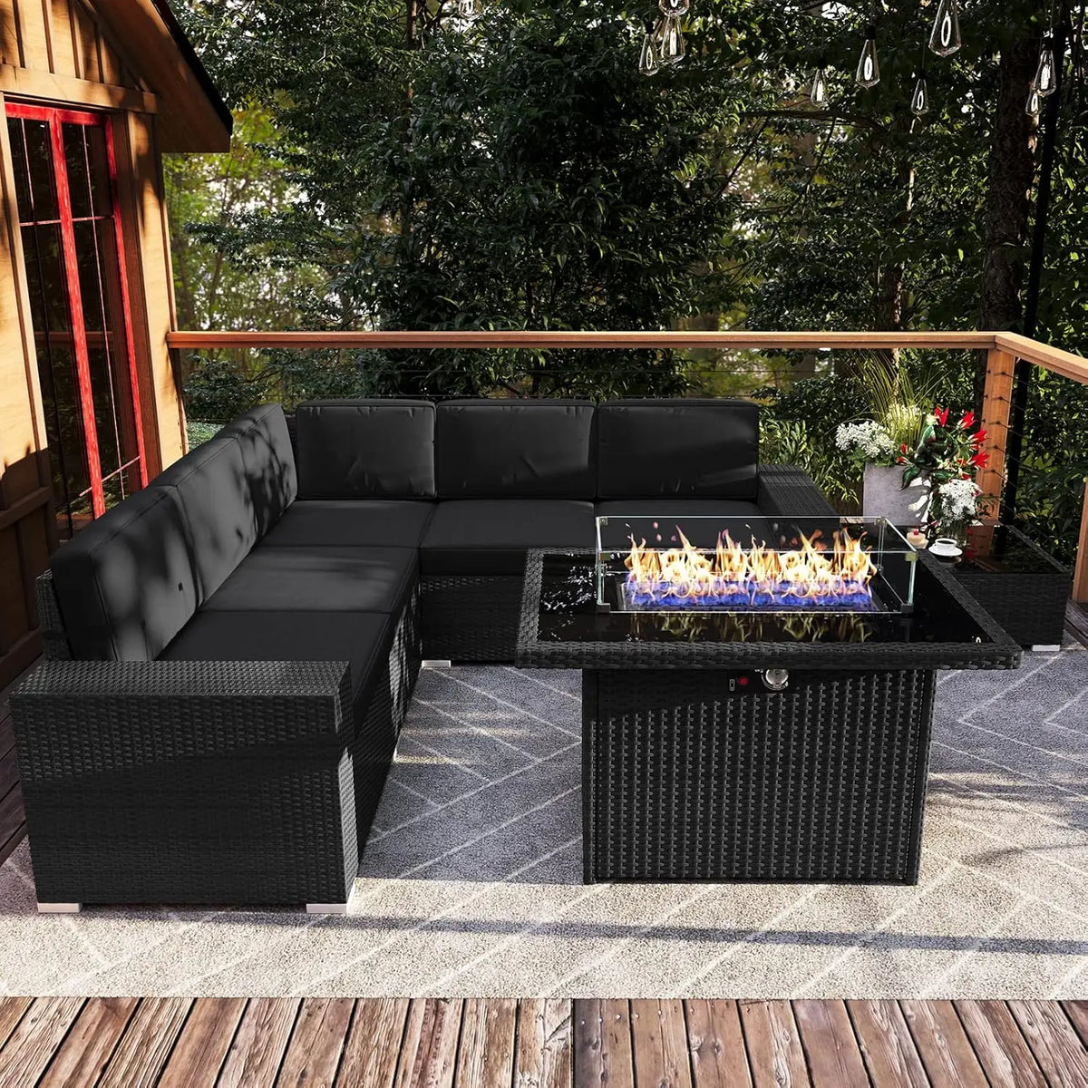 7 Pieces Patio Furniture Set with 44" Propane Gas Fire Pit Table, Outdoor Sectional Wicker Conversation Sofa Sets, Customized