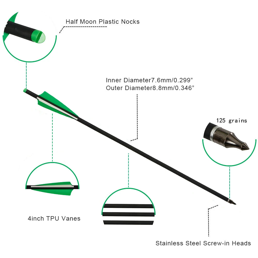 20 ", 22" Crossbow Arrows Bolts with Removable Tip Mixed Carbon Diameter 8.8mm  Archery Hunting Shooting, Green White,