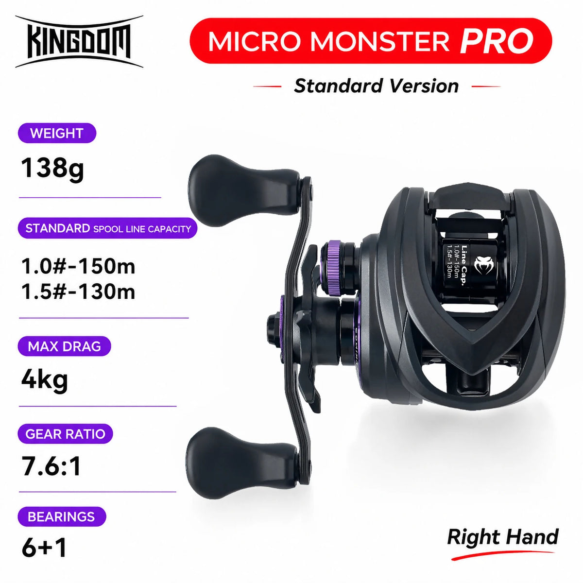 Kingdom Micro Monster Pro PRO+  Baitcasting Fishing Reel 4K/6kg Max Drag 7.6:1 Gear Ratio 138g Ultra-light Carbon Fishing Reel