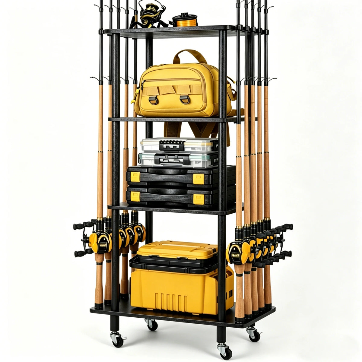 Iron Wood Combined Fishing Rod Storage Stand, Wheeled 10-Rod Fishing Pole Organizer Rack for Garage Tackle Storage