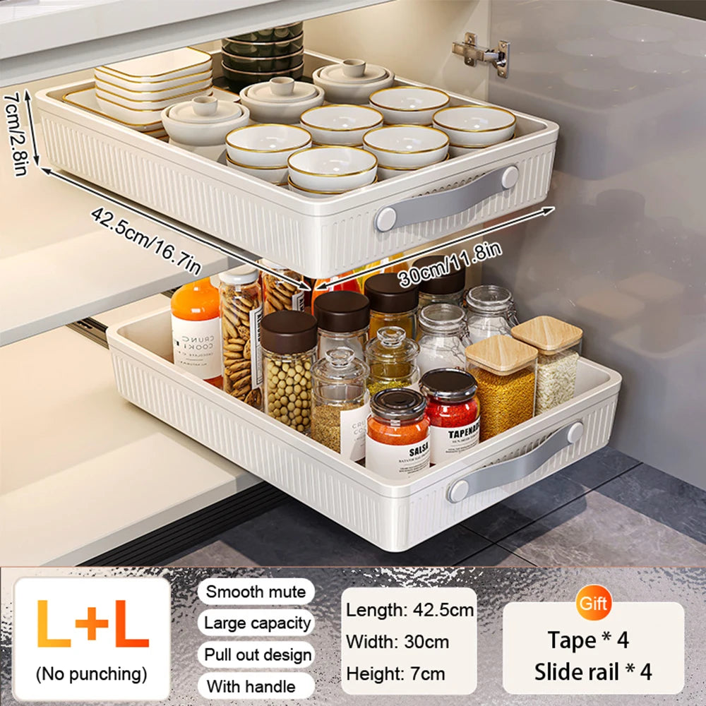 Pull Out Storage Tray Kitchen Sliding Cabinet Shelf with Slide Rails Drawer Spice Rack Bowl Dish Shelf Pantry Kitchen Organizer