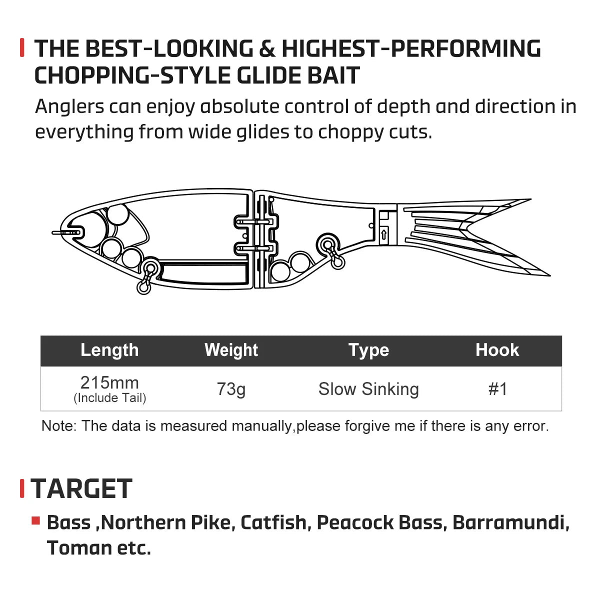 NOEBY AMATA 215SS Glide Swimbait 215mm 73g Jointed Fishing Lure Soft Tail for Pike Bass Musky