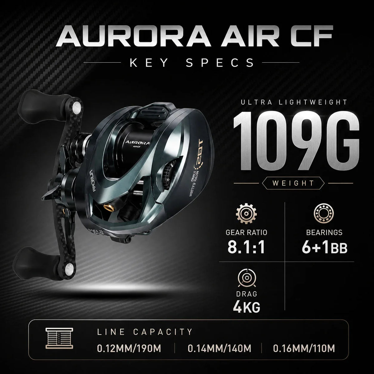HASIDA Aurora AirCF Carbon BFS Baitcasting Fishing Reel NMB SIC BB 109G Ultralight Reel 3D Suspension Magnetic Brake