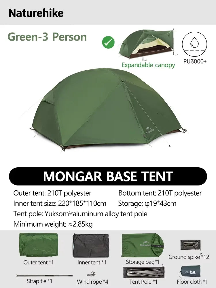Naturehike Mongar 2 UL/PRO/Base Tent Camping 1-3 Person Tent Outdoor Travel 15D Waterproof Ultralight Backpacking Shelter Tent