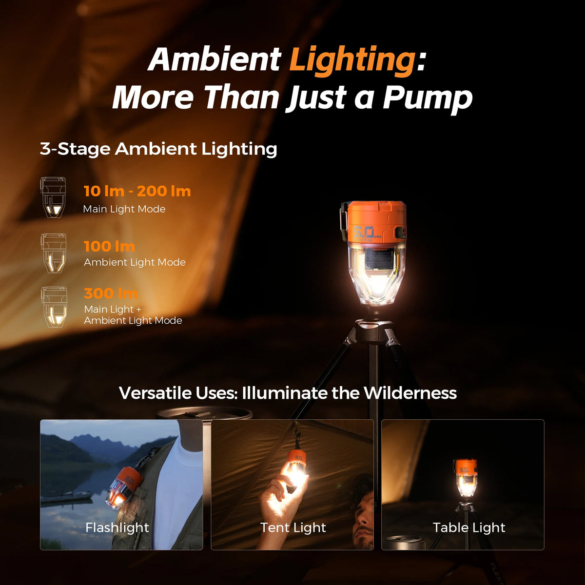 FLEXTAIL Electric Air Pump, Portable Camping Pump with 3 Level Ambient Light for Air Bed, Sleeping Pads, Vacuum Bag