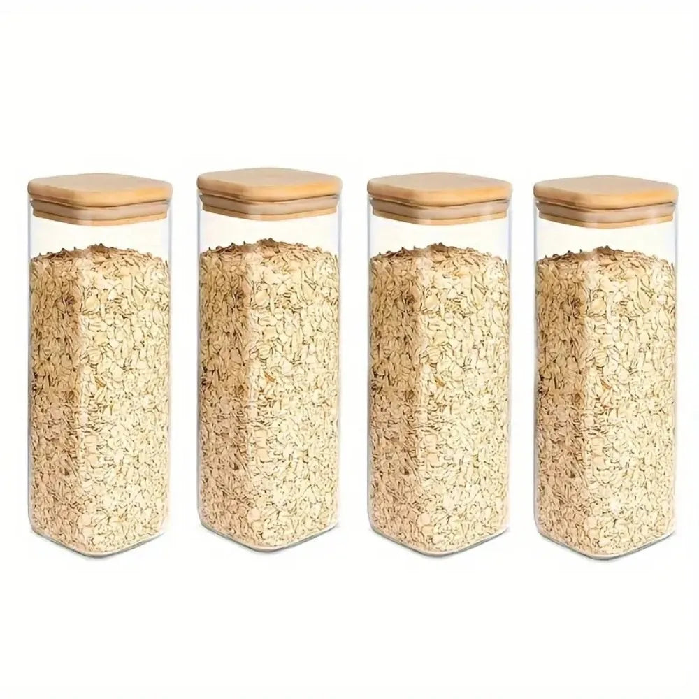 2/4 Pieces, 540Ml/1000Ml Glass Food Storage Jars with Bamboo Lids, Transparent Square Sealed Kitchen Storage Container Set, Stackable Glass Food Storage Jars, Suitable for Kitchen Countertops, Candy, Cookies, Rice, Grains